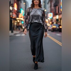 Mystree Crushed Velvet Sheer Floral Sleeve Blouse Gray Dark Romantic Chic L